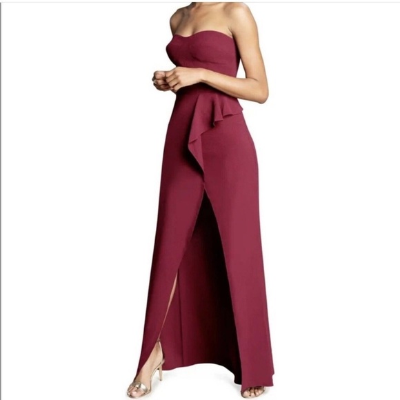Dress the Poplulation burgundy Kai ruffle open slit maxi dress - Picture 1 of 12